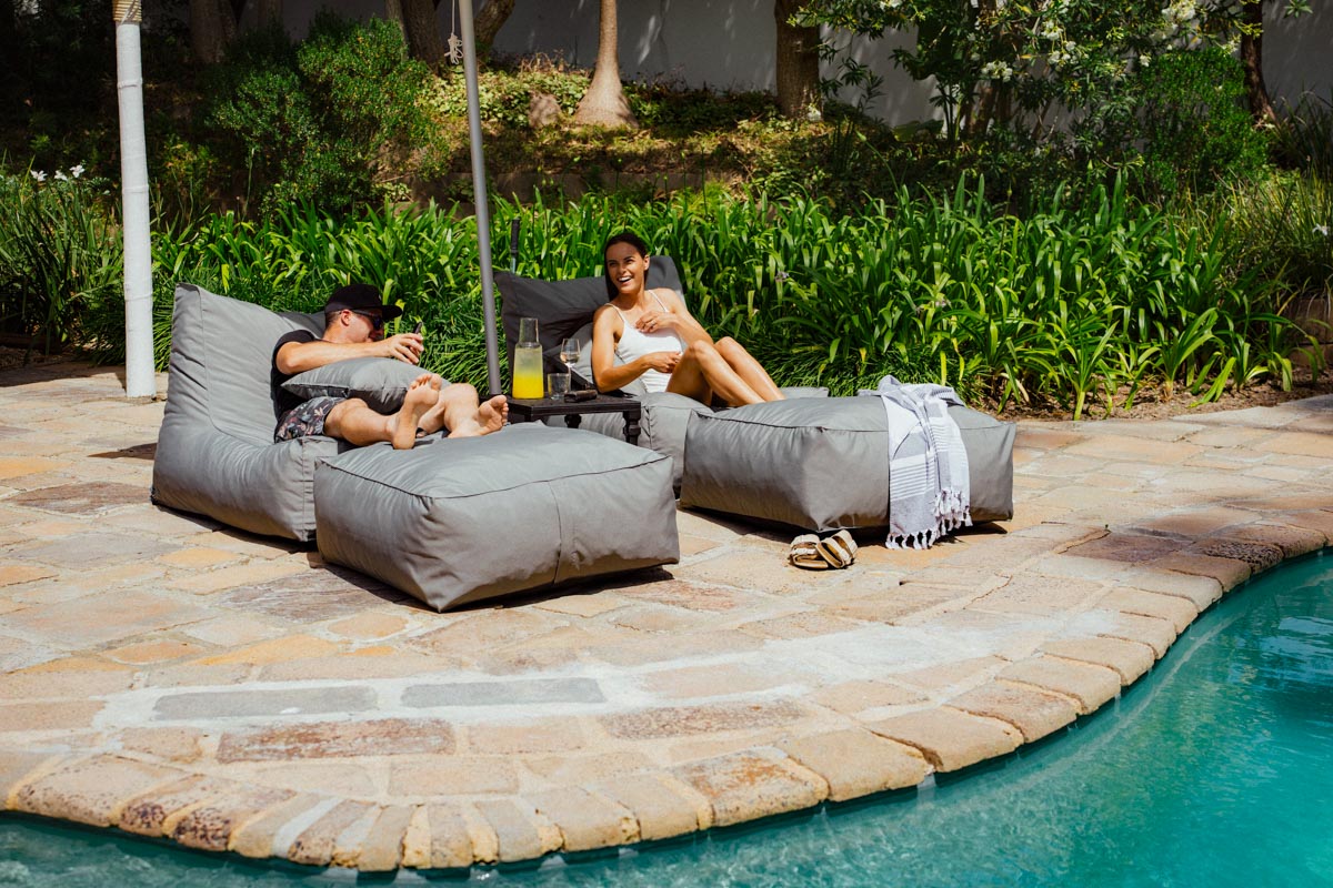 Grey Pool Lounger Chair + Ottoman + Scatter