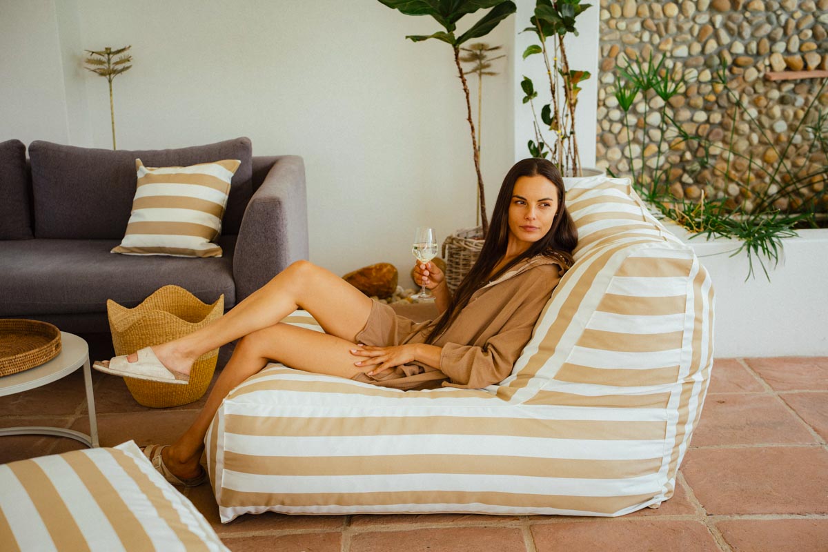 Beige & White Stripe Pool Lounger Chair