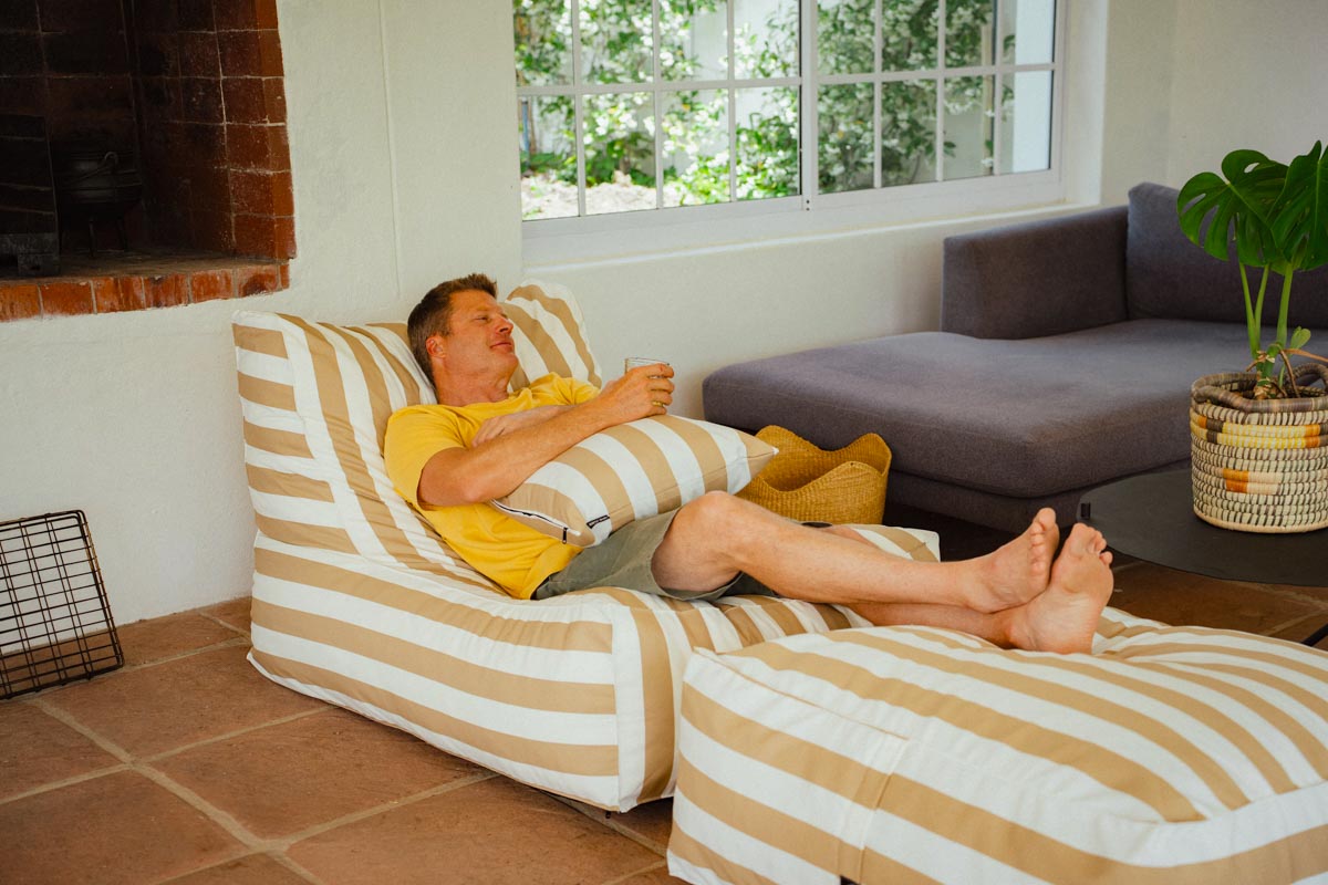 Beige & White Stripe Pool Lounger Chair + Ottoman + Scatter