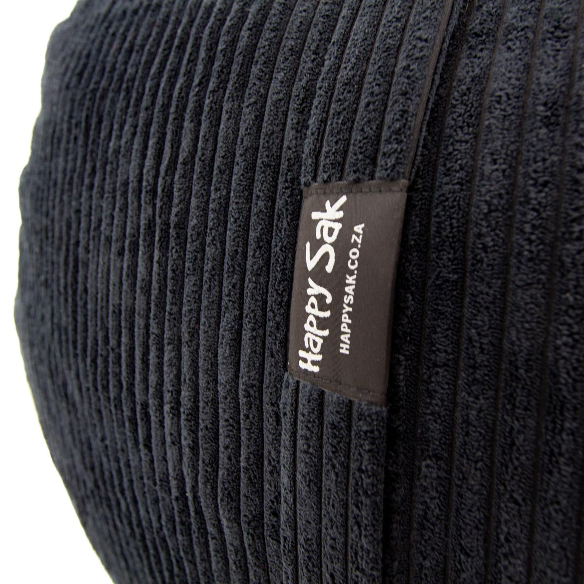 Black ribbed fabric with 'Happy Sak' label on a white background