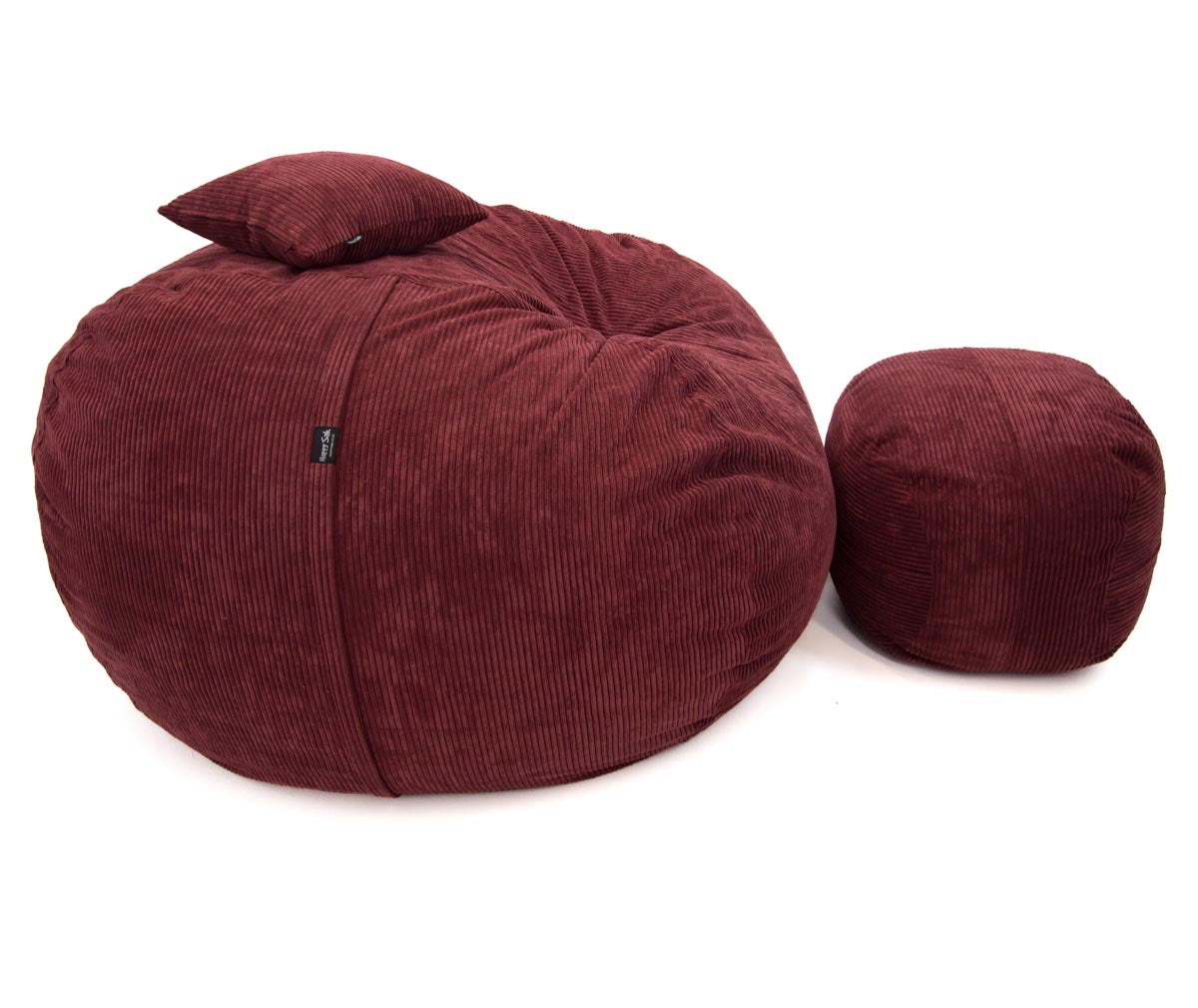 Maroon bean bag chair with a smaller matching ottoman on a white background