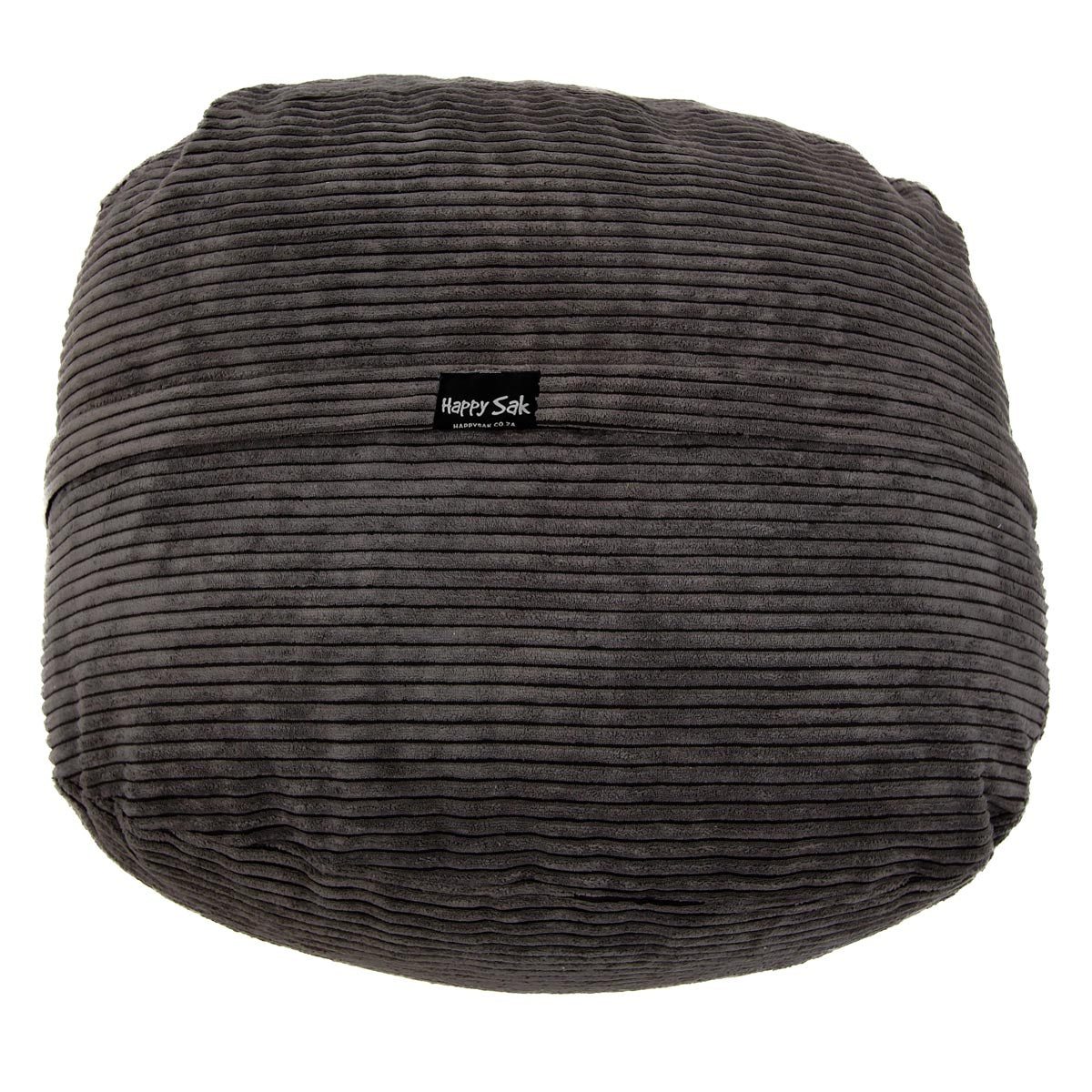Gray corduroy bean bag with a brand label on a white background