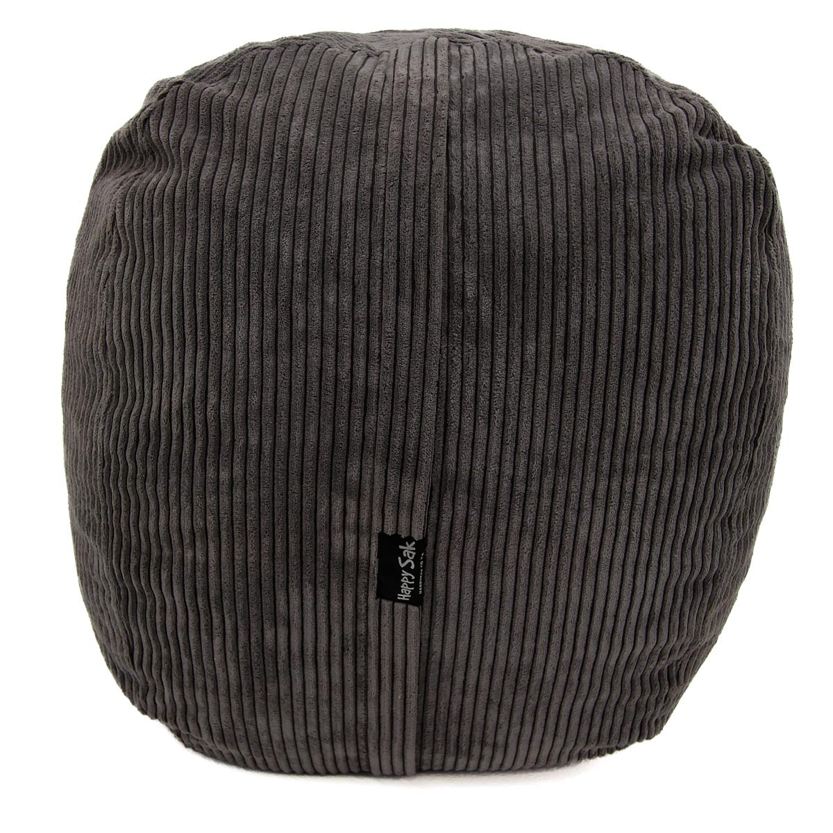 Gray corduroy ottoman with a brand label on a white background