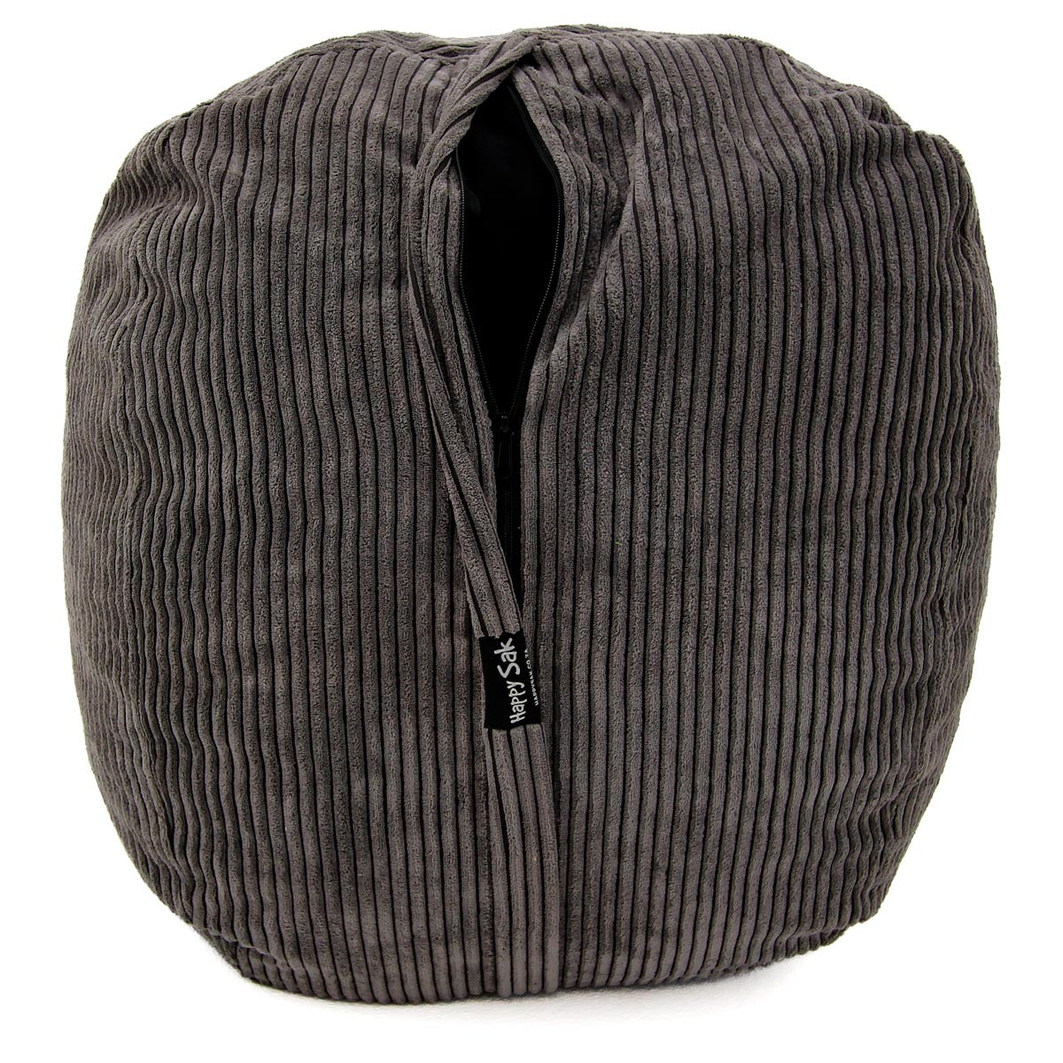 Gray corduroy bean bag chair with a visible brand label on a white background