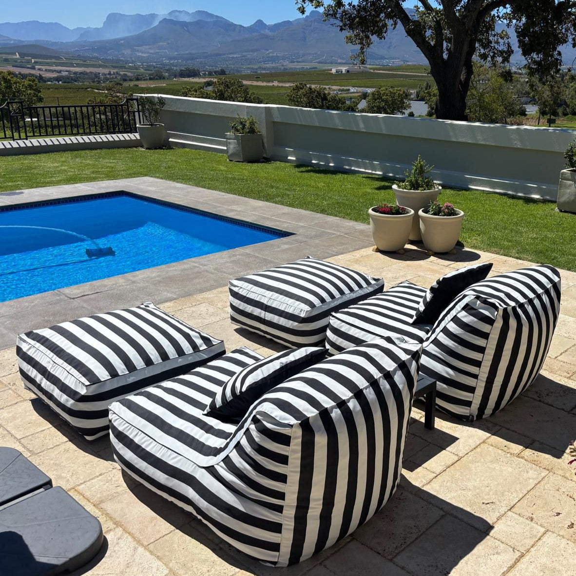 Black & White Stripe Pool Lounger Chair + Ottoman + Scatter