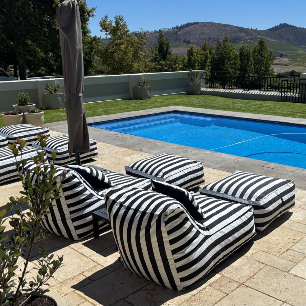 Black & White Stripe Pool Lounger Chair + Ottoman + Scatter
