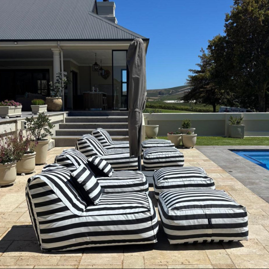 Black & White Stripe Pool Lounger Chair + Ottoman + Scatter