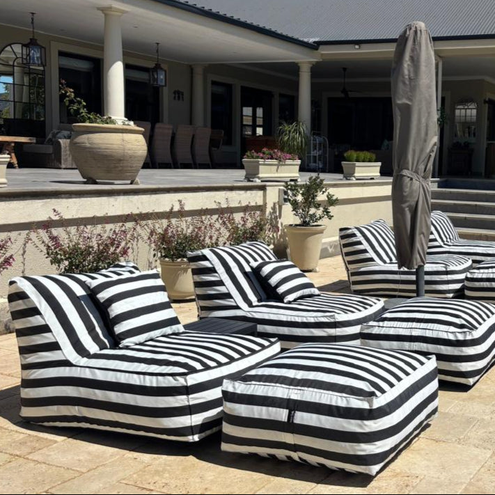 Black & White Stripe Pool Lounger Chair + Ottoman + Scatter