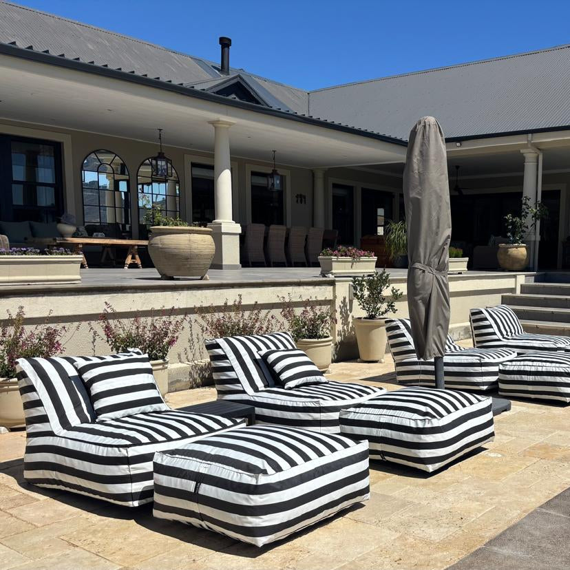 Black & White Stripe Pool Lounger Chair + Ottoman + Scatter