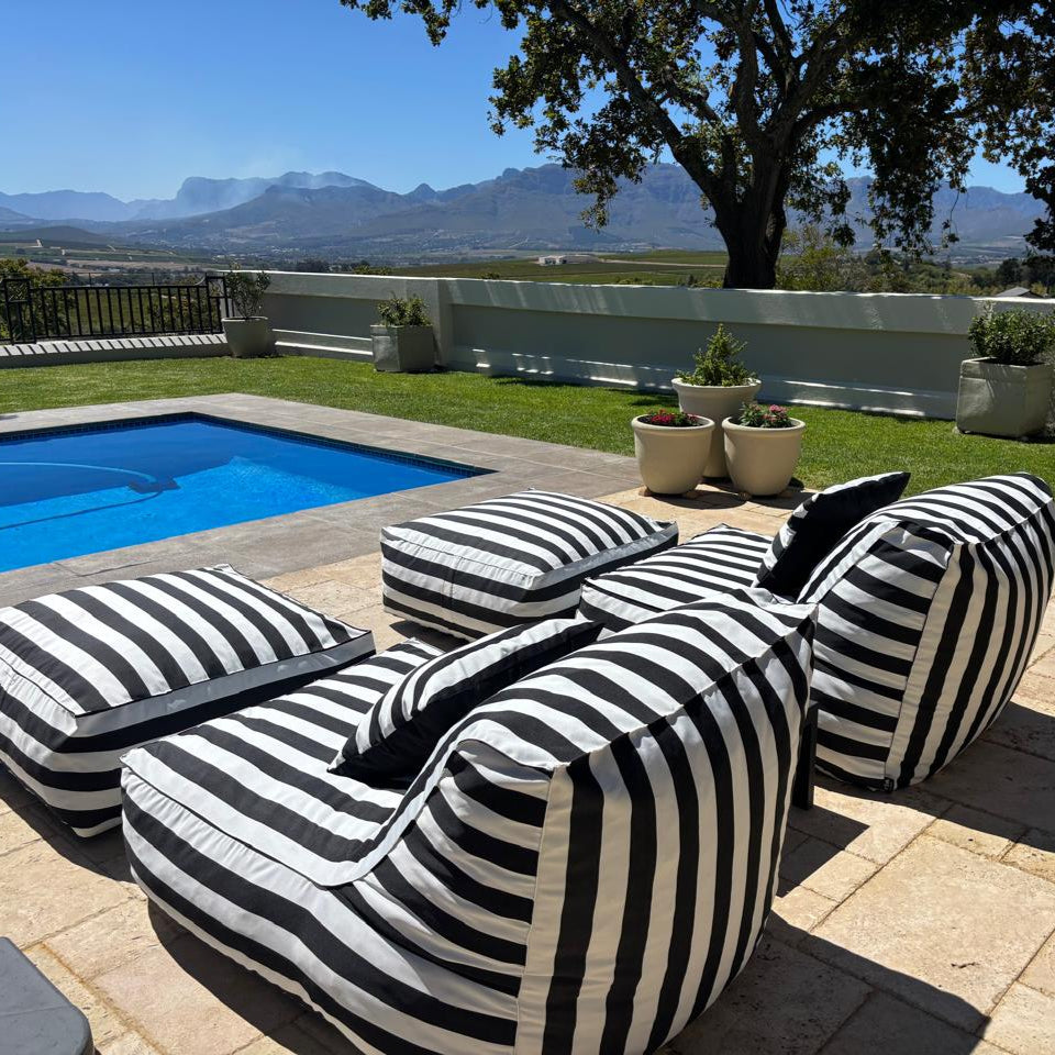 Black & White Stripe Pool Lounger Chair + Ottoman + Scatter