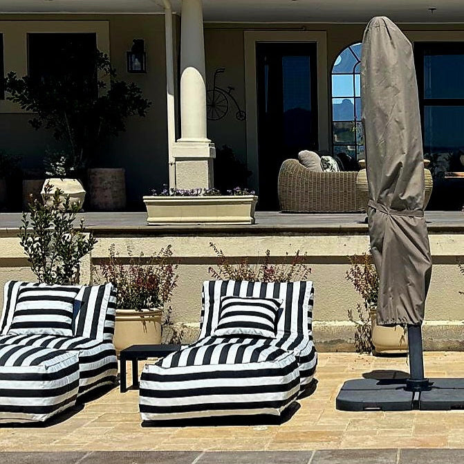 Black & White Stripe Pool Lounger Chair + Ottoman + Scatter