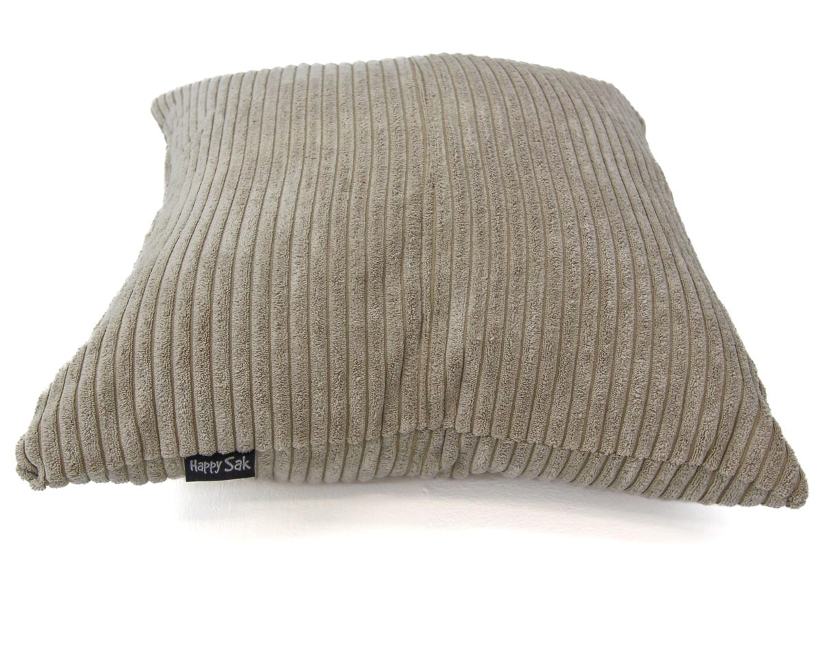 Beige ribbed pillow with a brand label on a white background