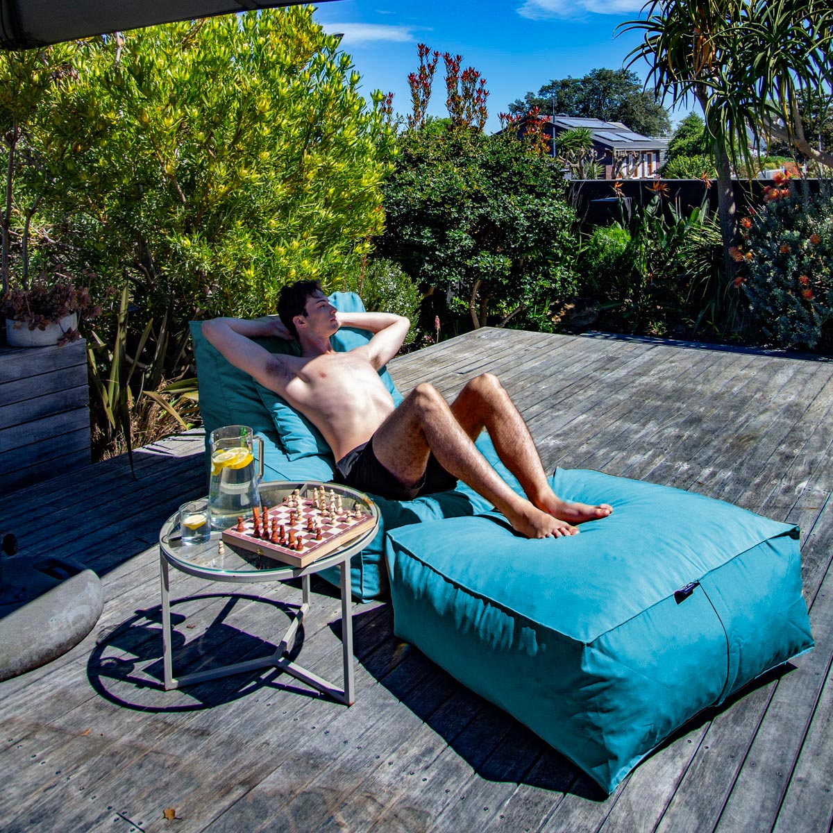 Turquoise Pool Lounger Chair + Ottoman + Scatter