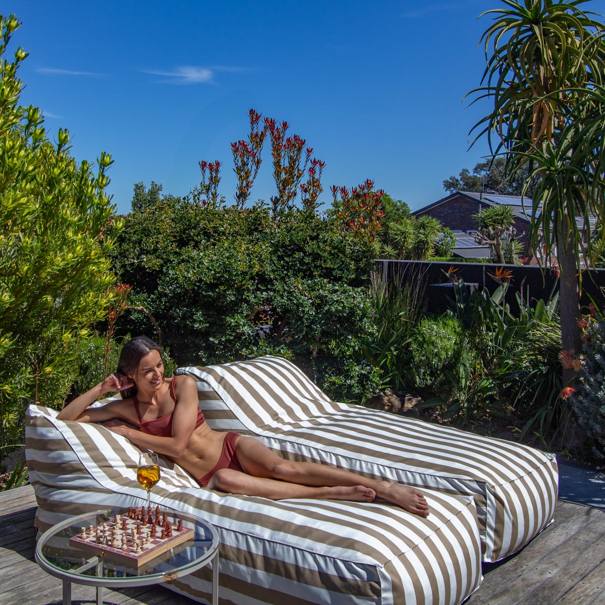 Beige & White Stripe Pool Lounger Bed