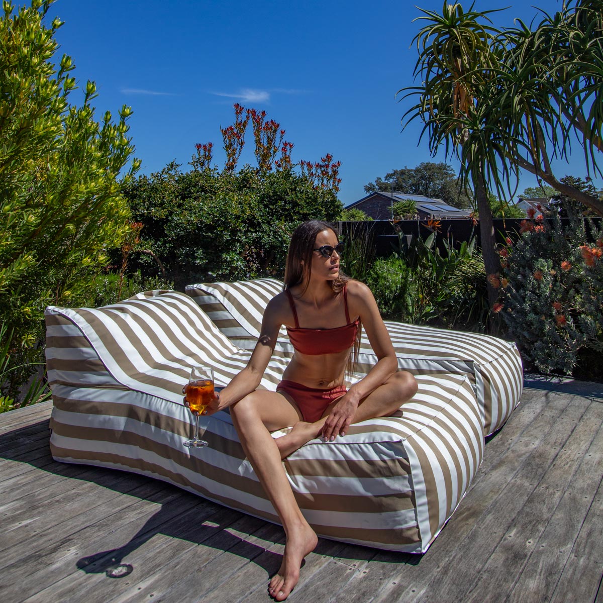 Beige & White Stripe Pool Lounger Bed