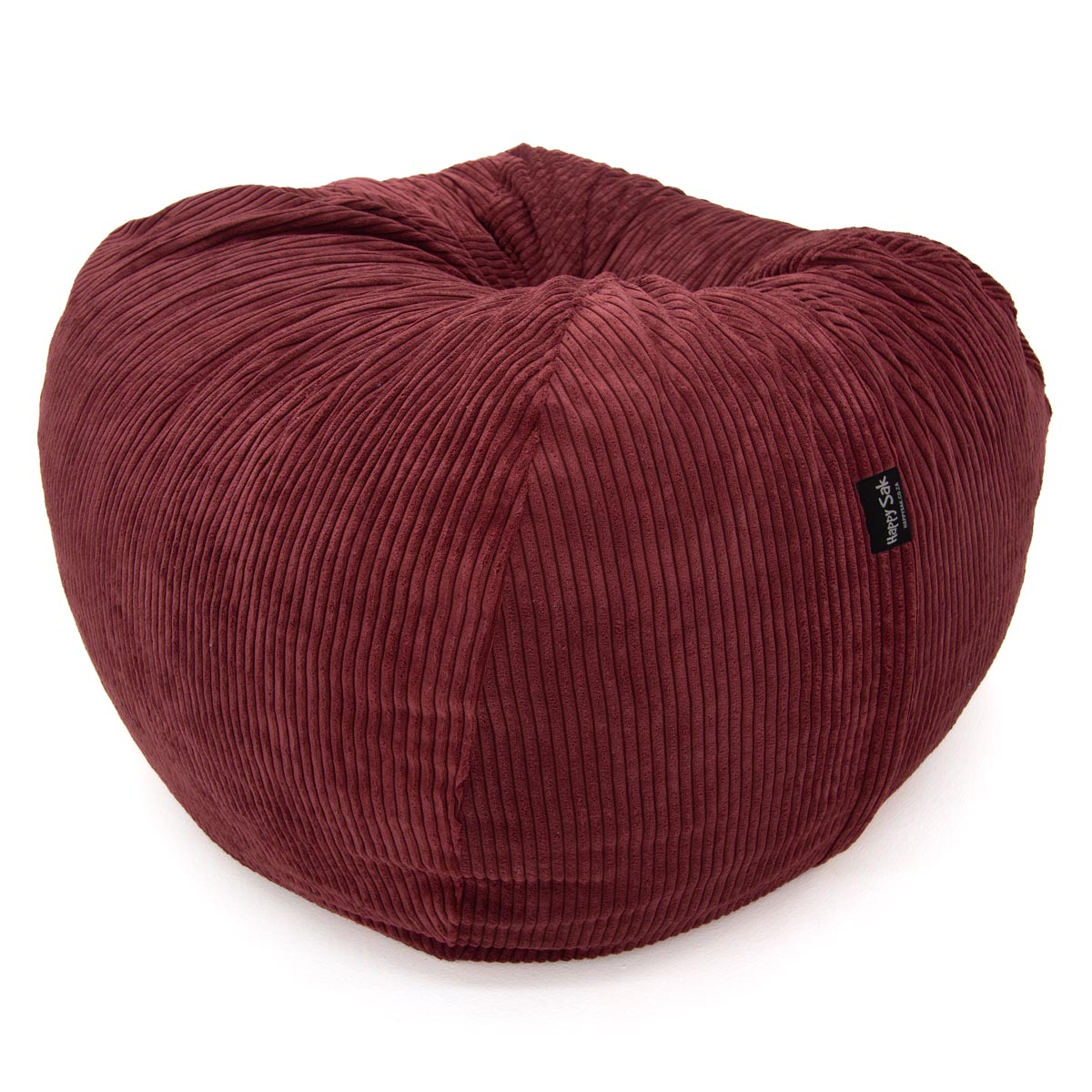 Maroon bean bag chair with a visible brand label on a white background