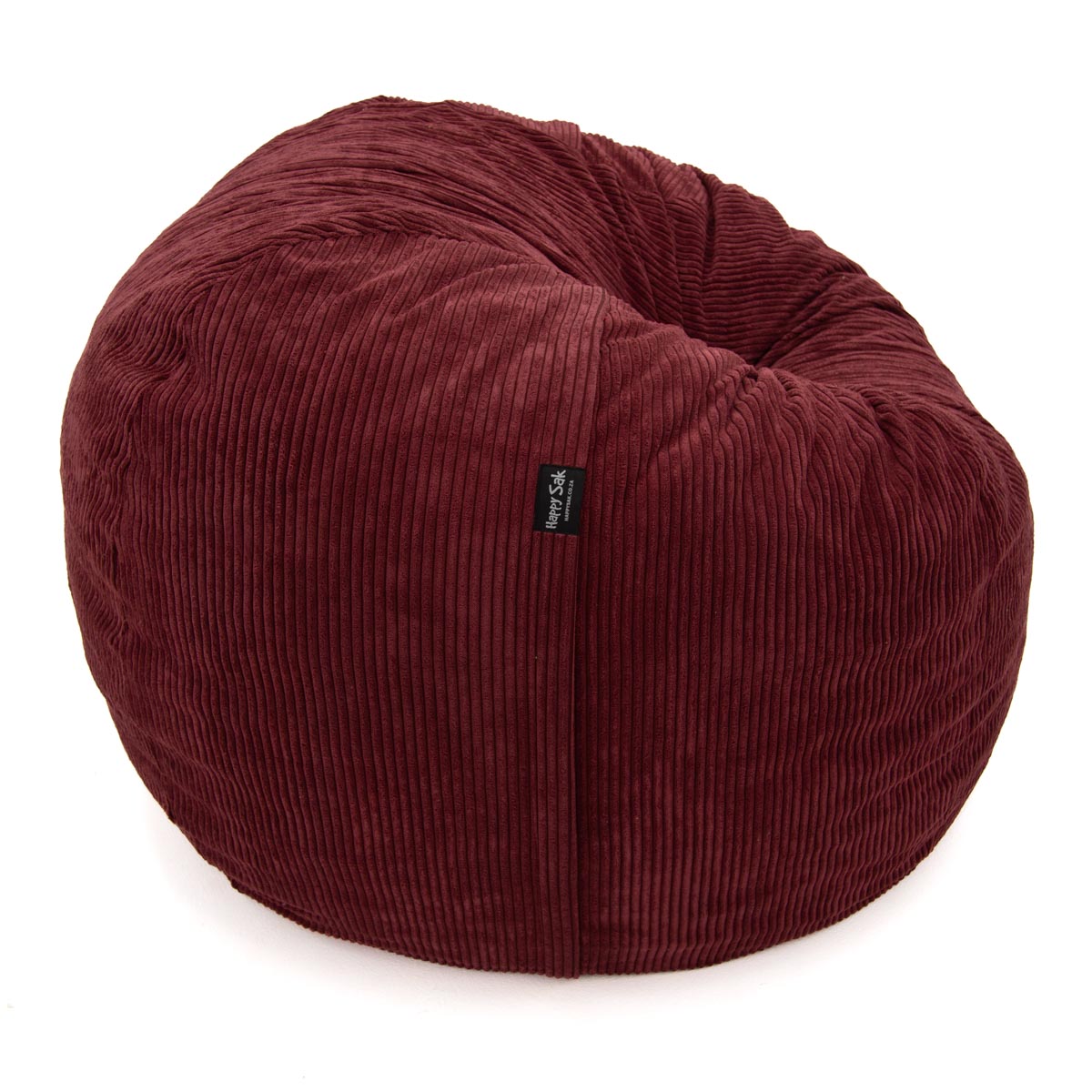 Maroon bean bag chair with a visible brand label on a white background