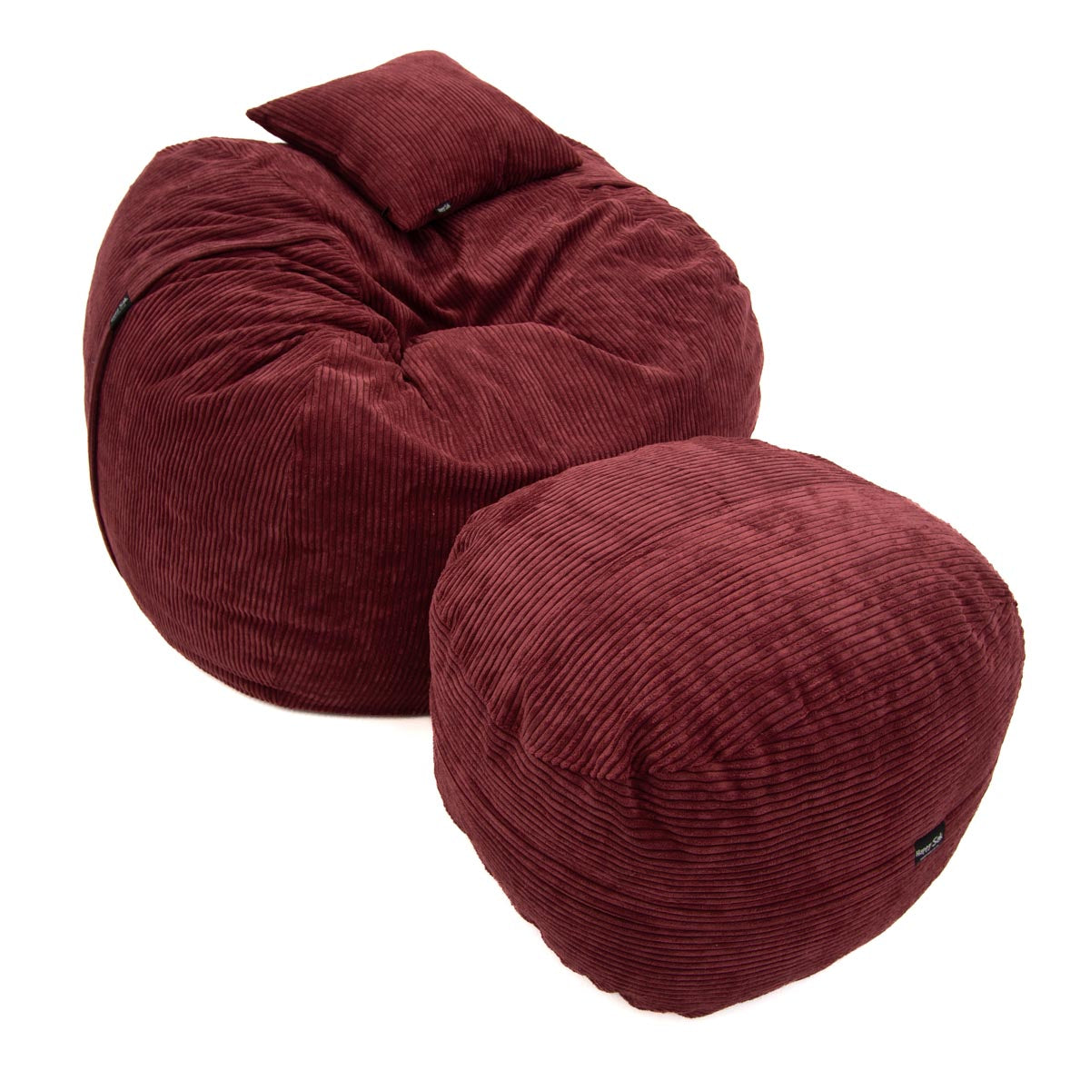 Red bean bag chair with ottoman on a white background