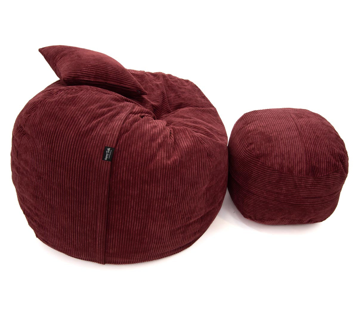 Maroon bean bag chair and ottoman on a white background