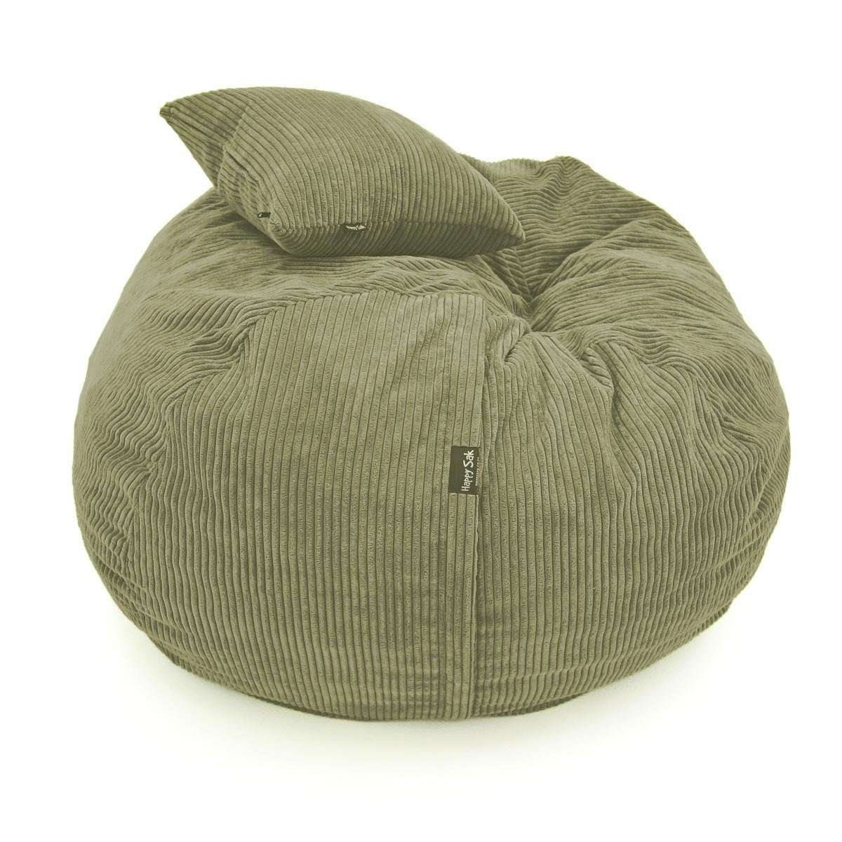 Green bean bag chair with a pillow on a white background