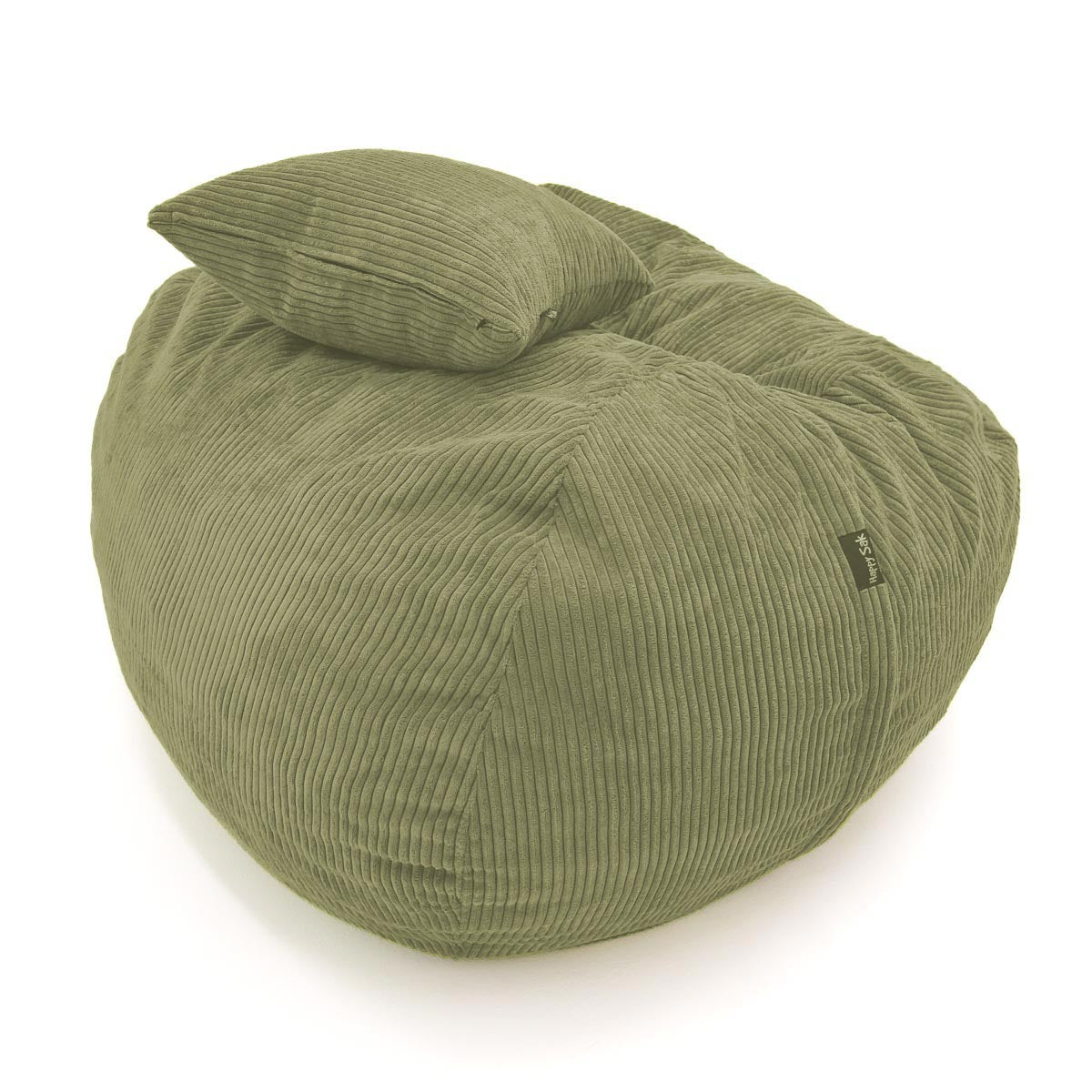 Green bean bag chair with a pillow on a white background