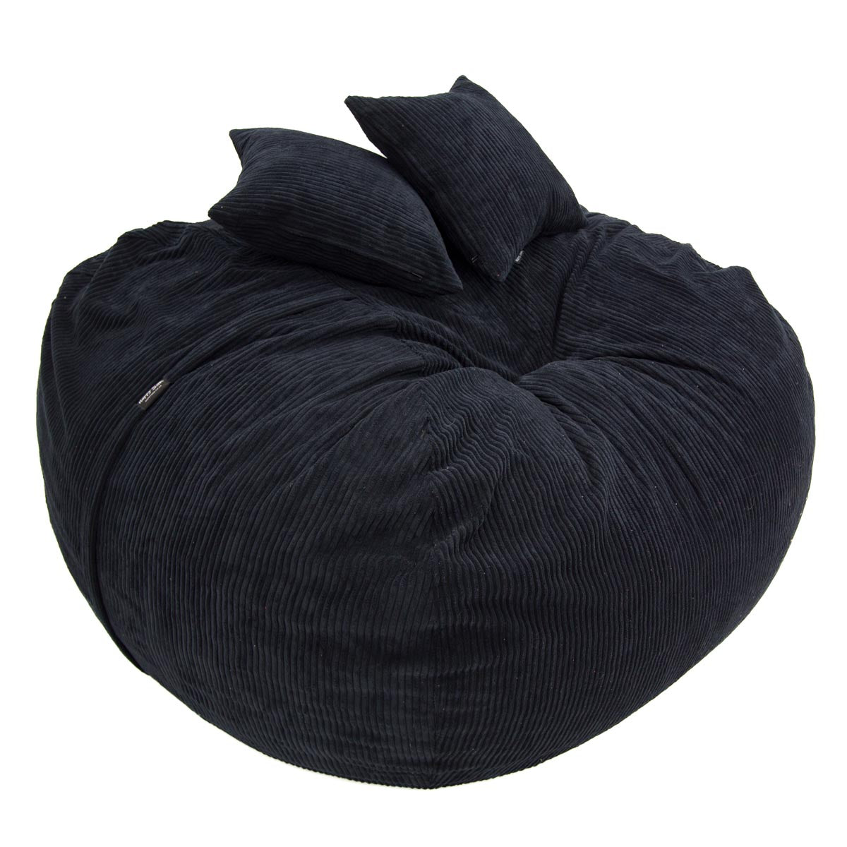 Black bean bag chair with two cushions on a white background