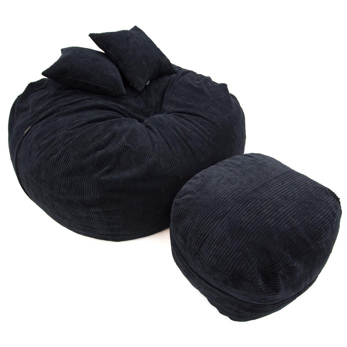 Black bean bag chair with ottoman on a white background