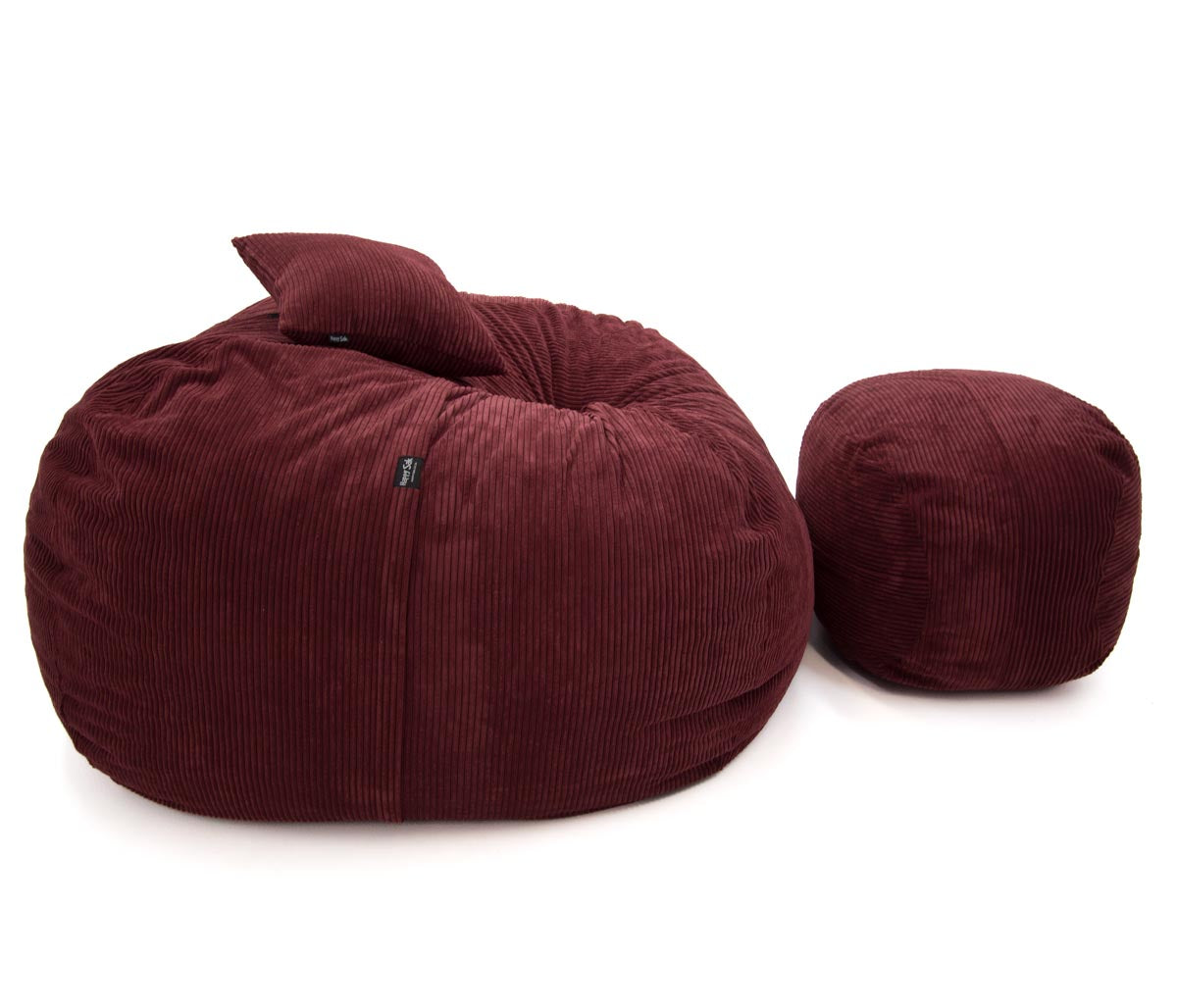 Maroon bean bag chair with matching ottoman on a white background