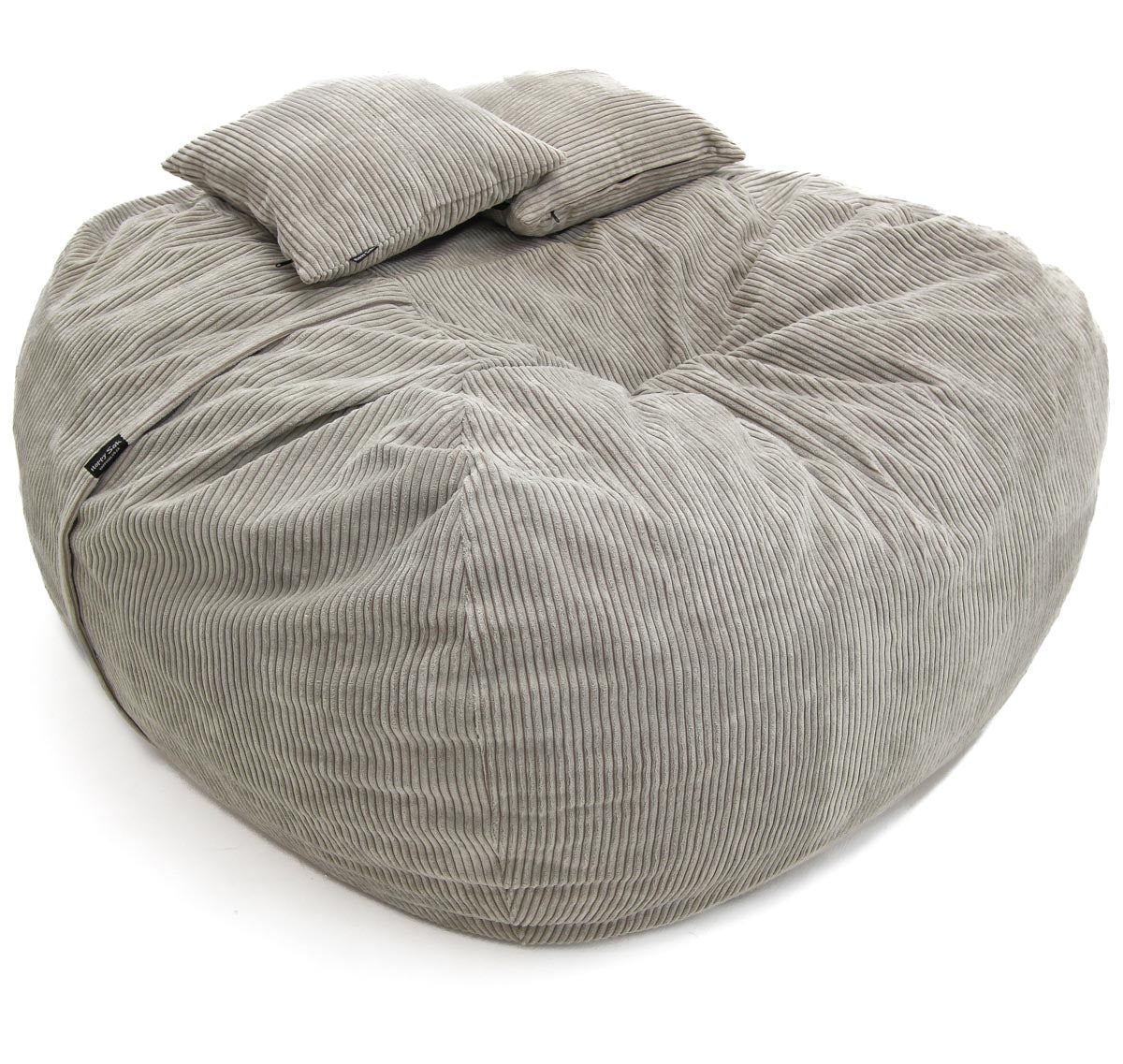 Gray bean bag chair with a pillow on a white background
