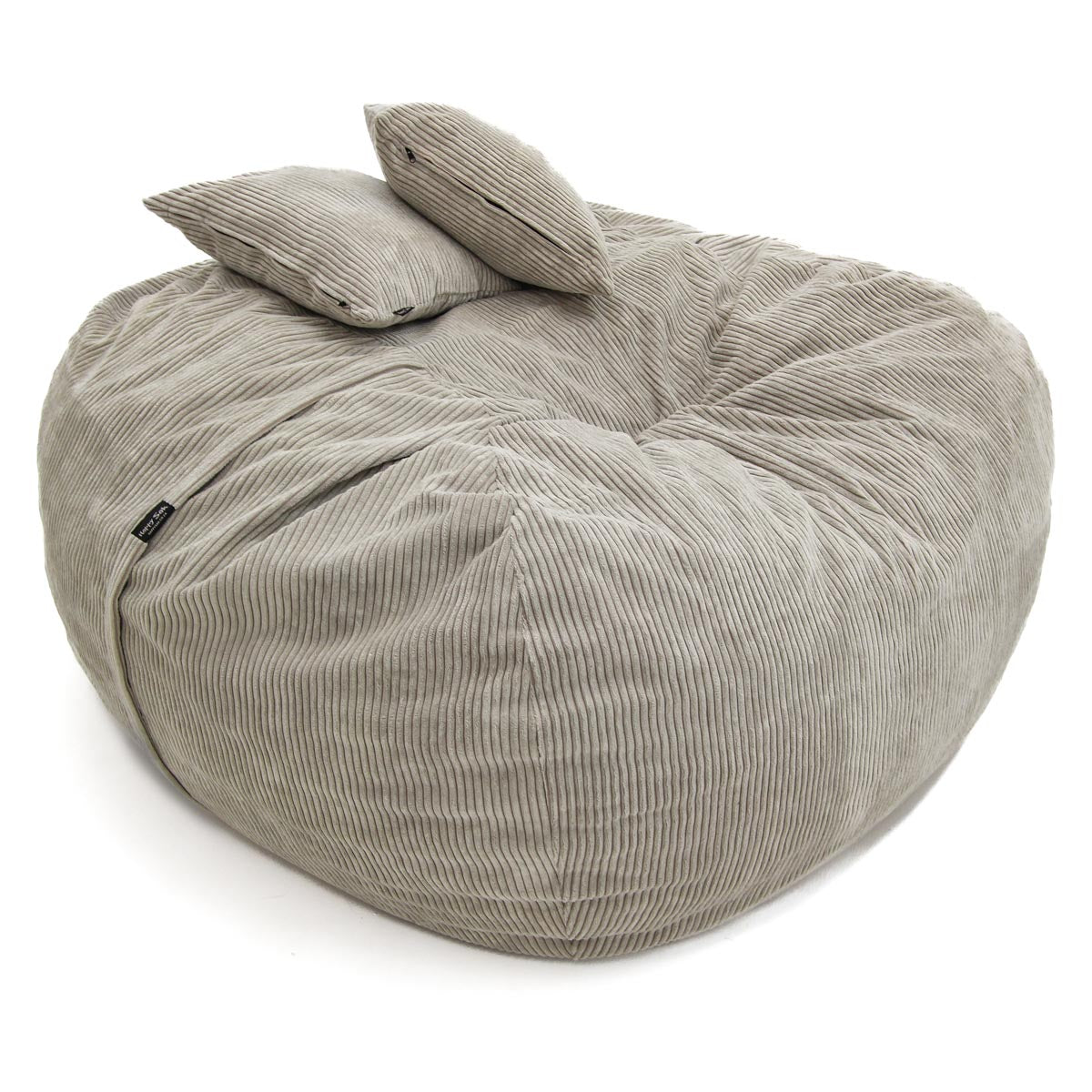 Gray bean bag chair with two cushions on a white background