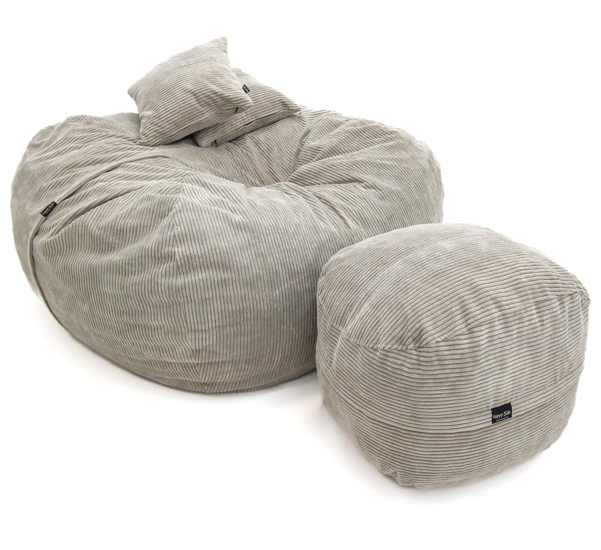 Gray corduroy bean bag chair with matching ottoman on a white background