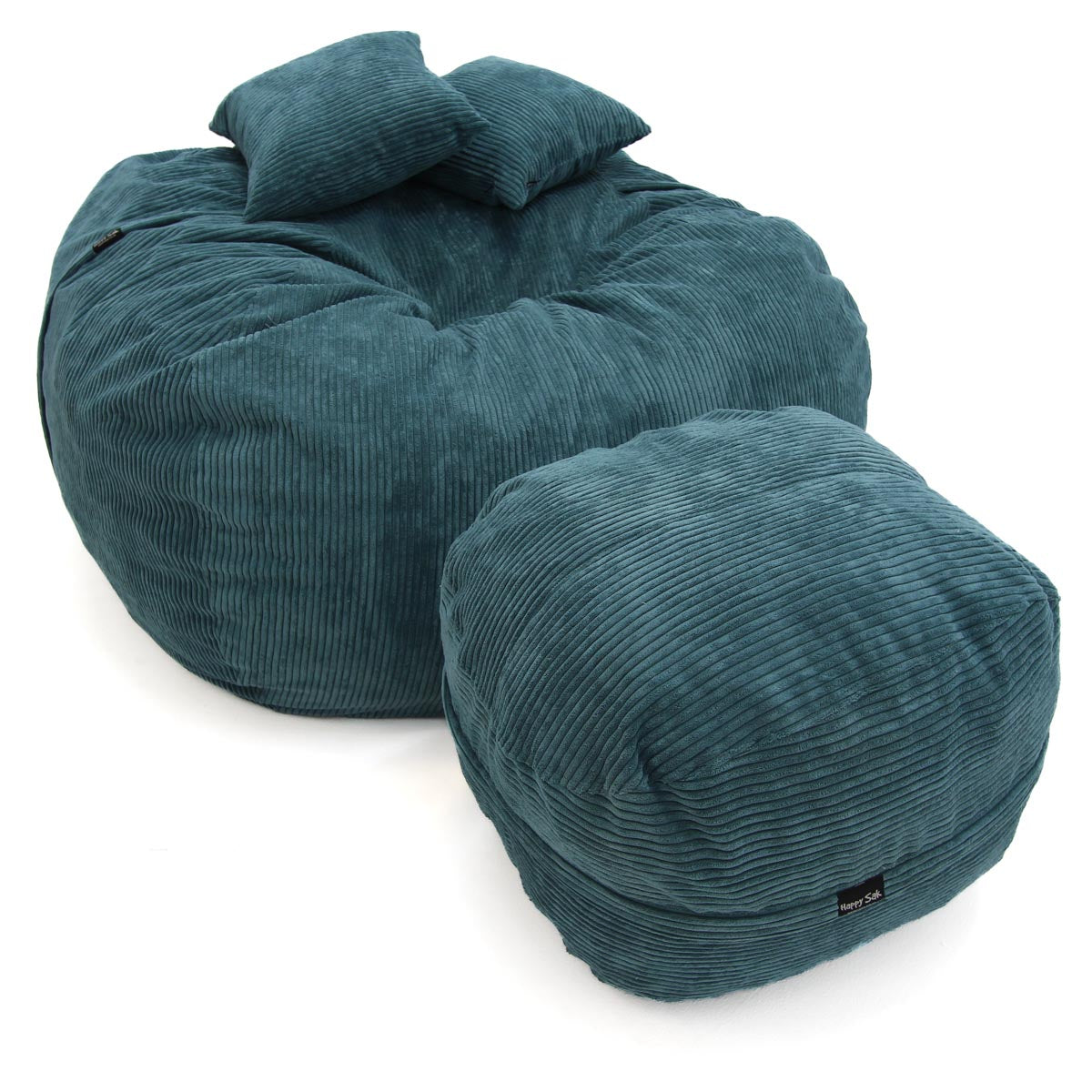 Teal bean bag chair with ottoman on a white background