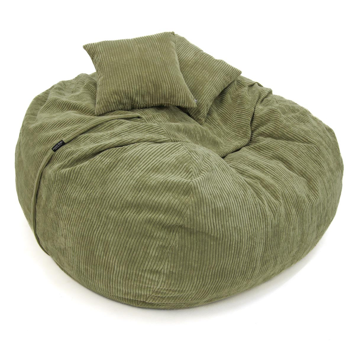 Green bean bag chair with a pillow on a white background