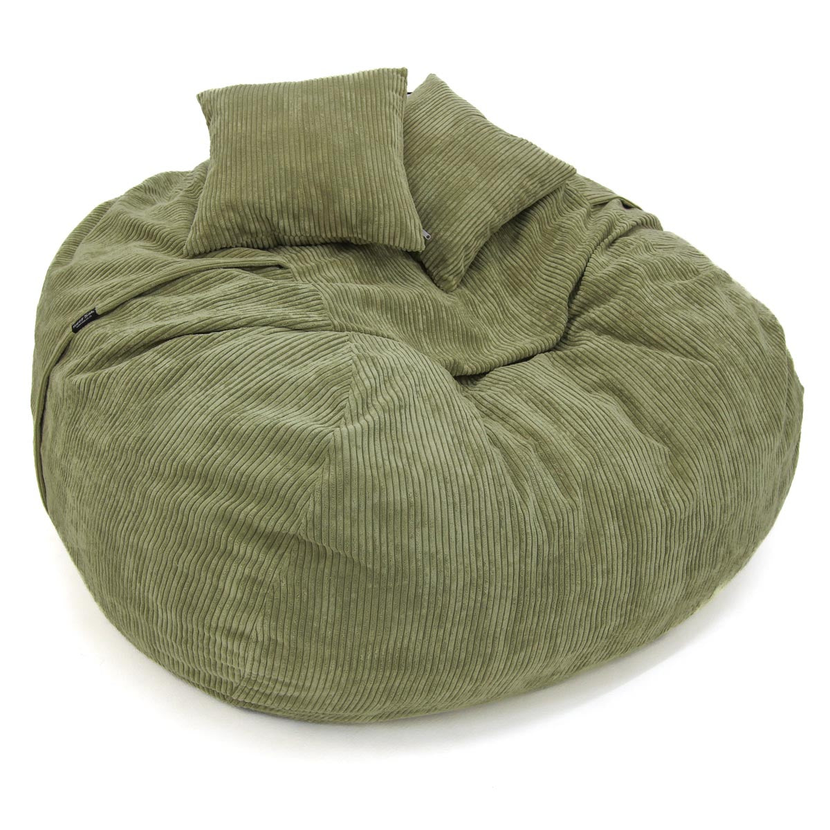 Green bean bag chair with two cushions on a white background
