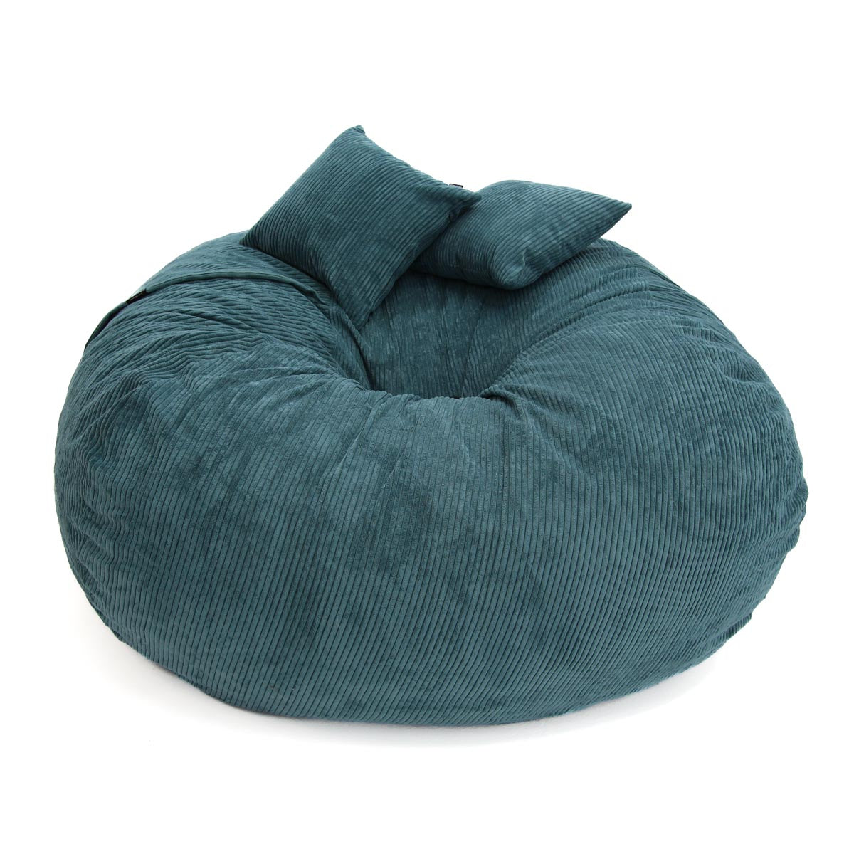 Teal bean bag chair with two matching pillows on a white background