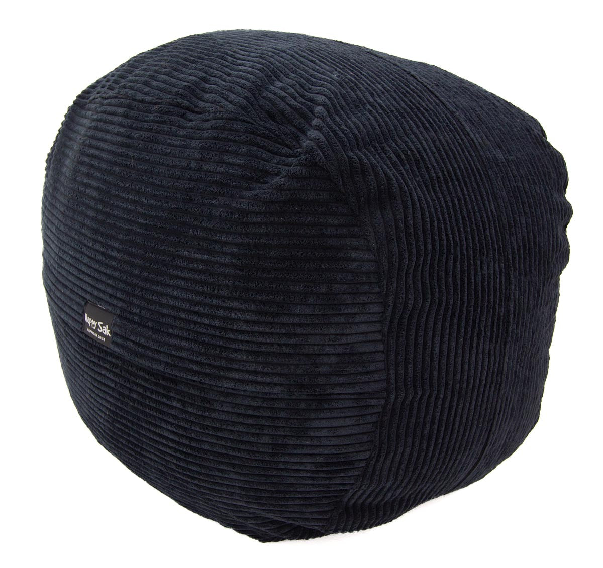 Black corduroy ottoman on a white background