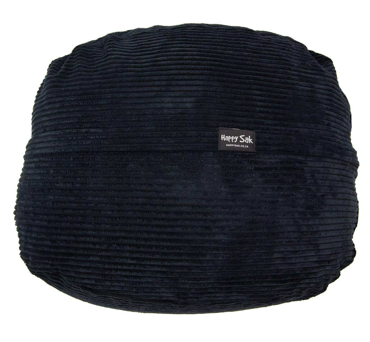 Black corduroy bean bag with 'Happy Sack' label on a white background