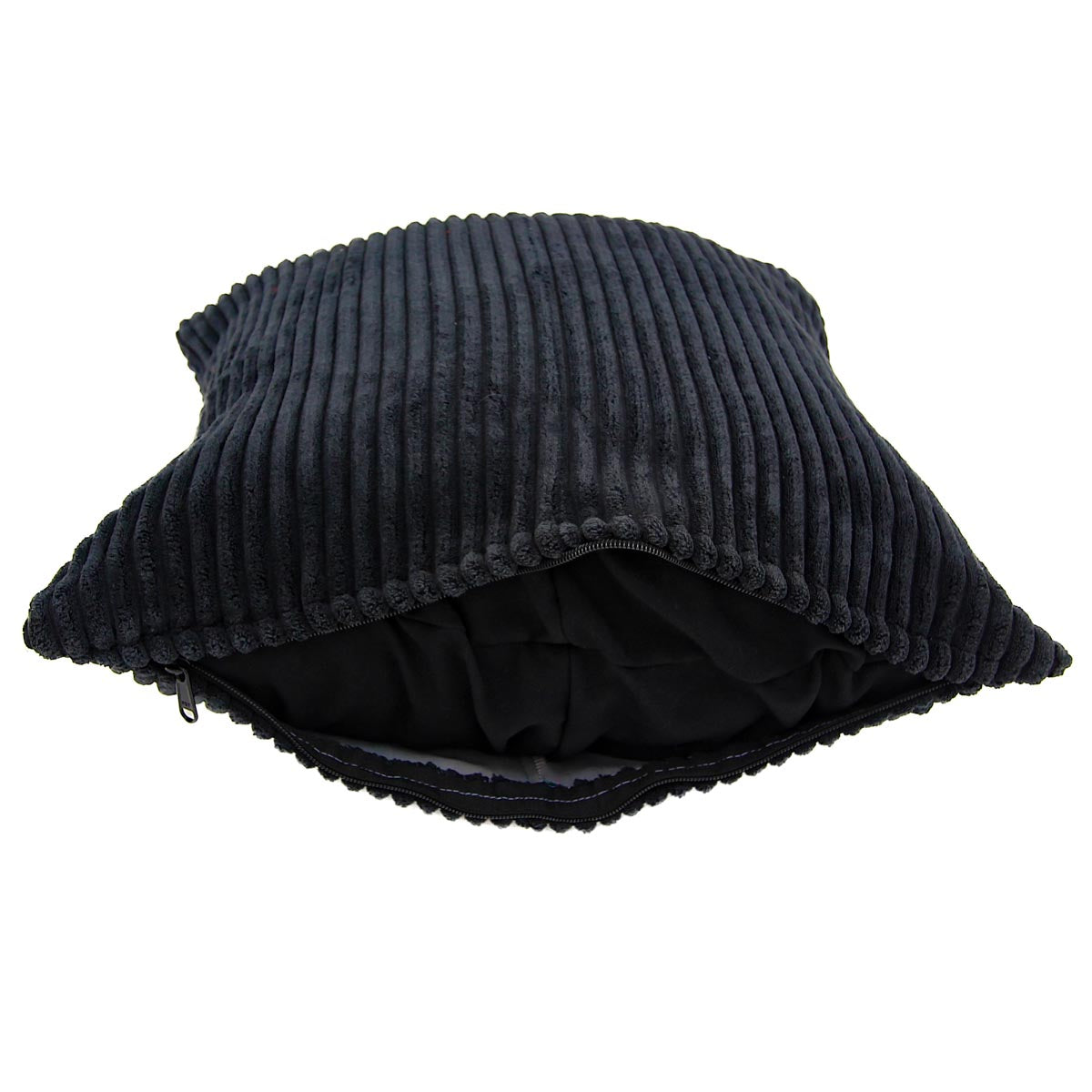 Black corduroy scatter cushion on a white background