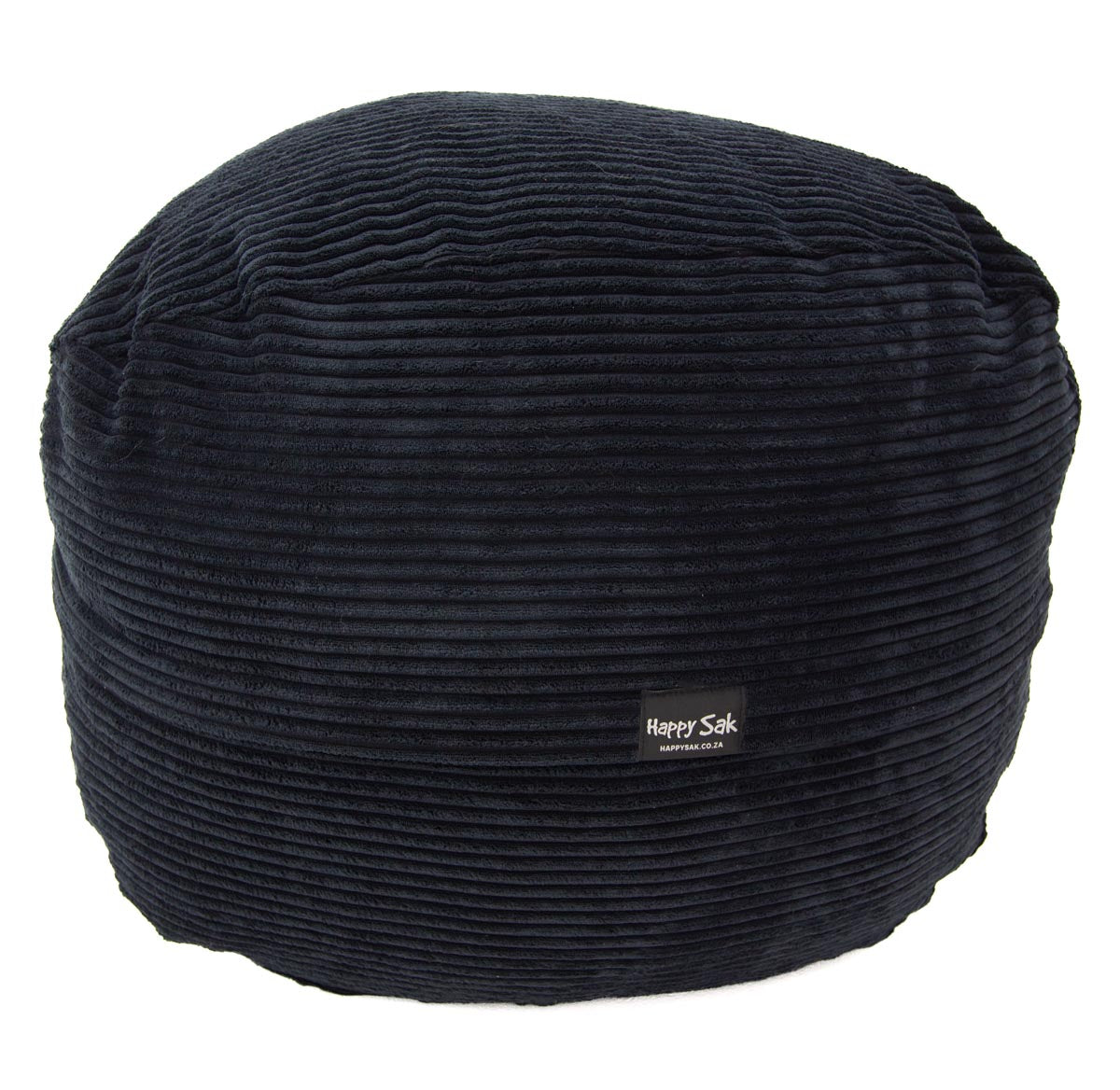 Black ottoman with 'Happy Sack' logo on a white background