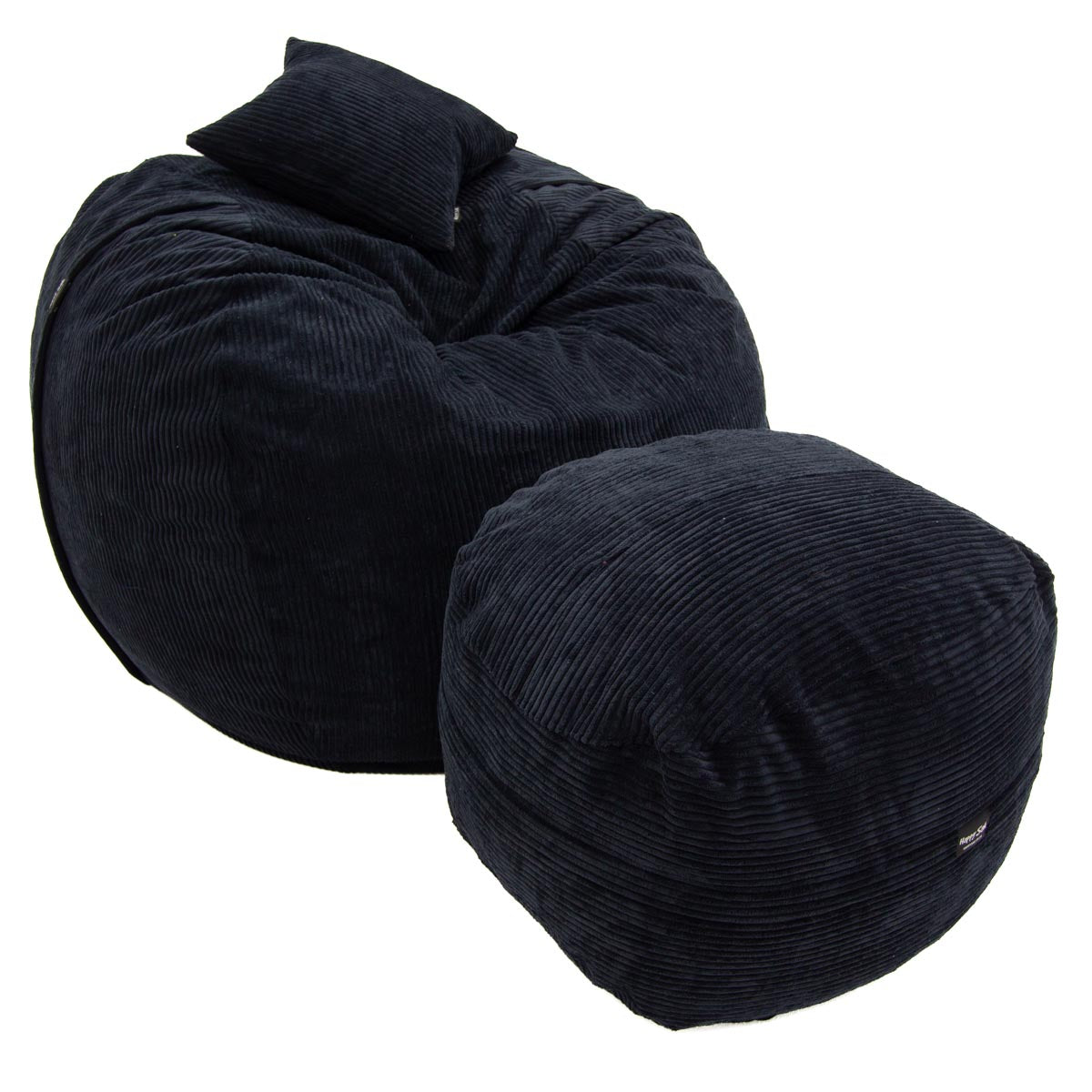 Black bean bag chair and ottoman on a white background
