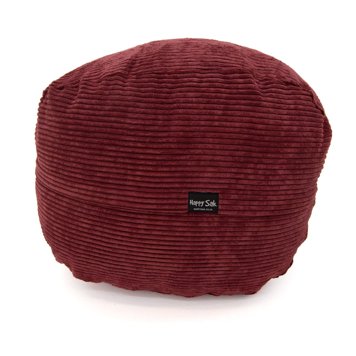 Maroon bean bag with 'Happy Sak' label on a white background