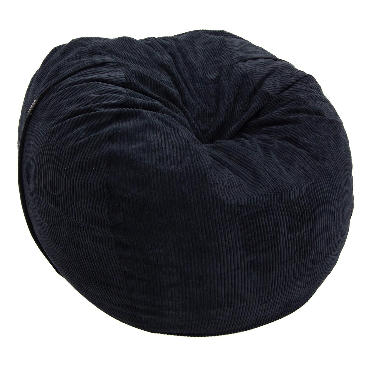 Black bean bag chair with a textured surface on a white background