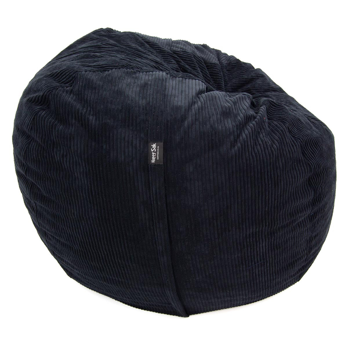 Black bean bag chair with a visible brand label on a white background