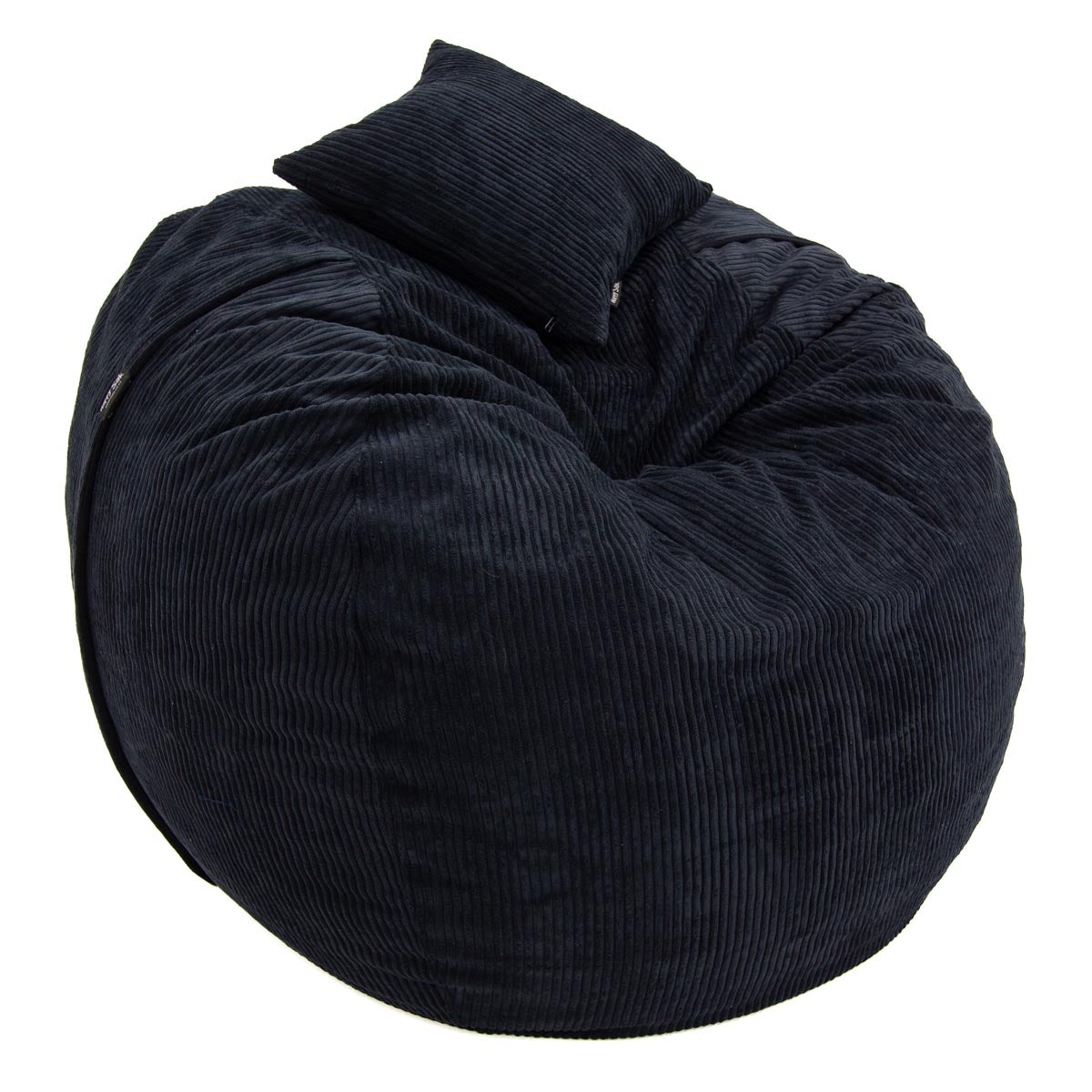 black bean bag chair with a pillow on a white background