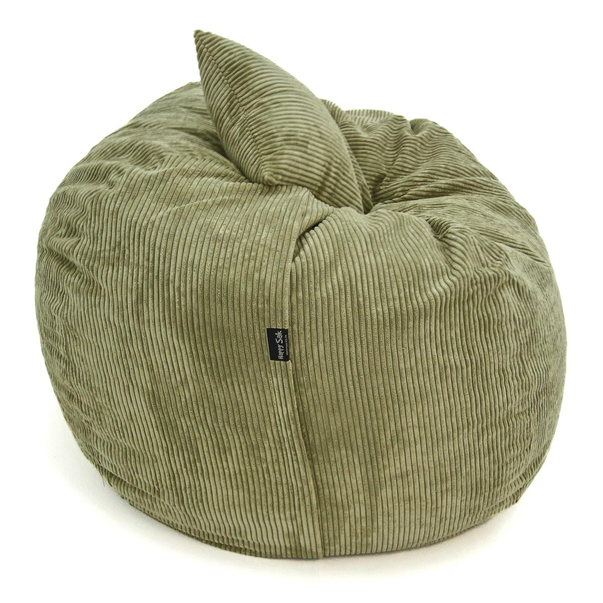 Green bean bag chair with a pillow on a white background