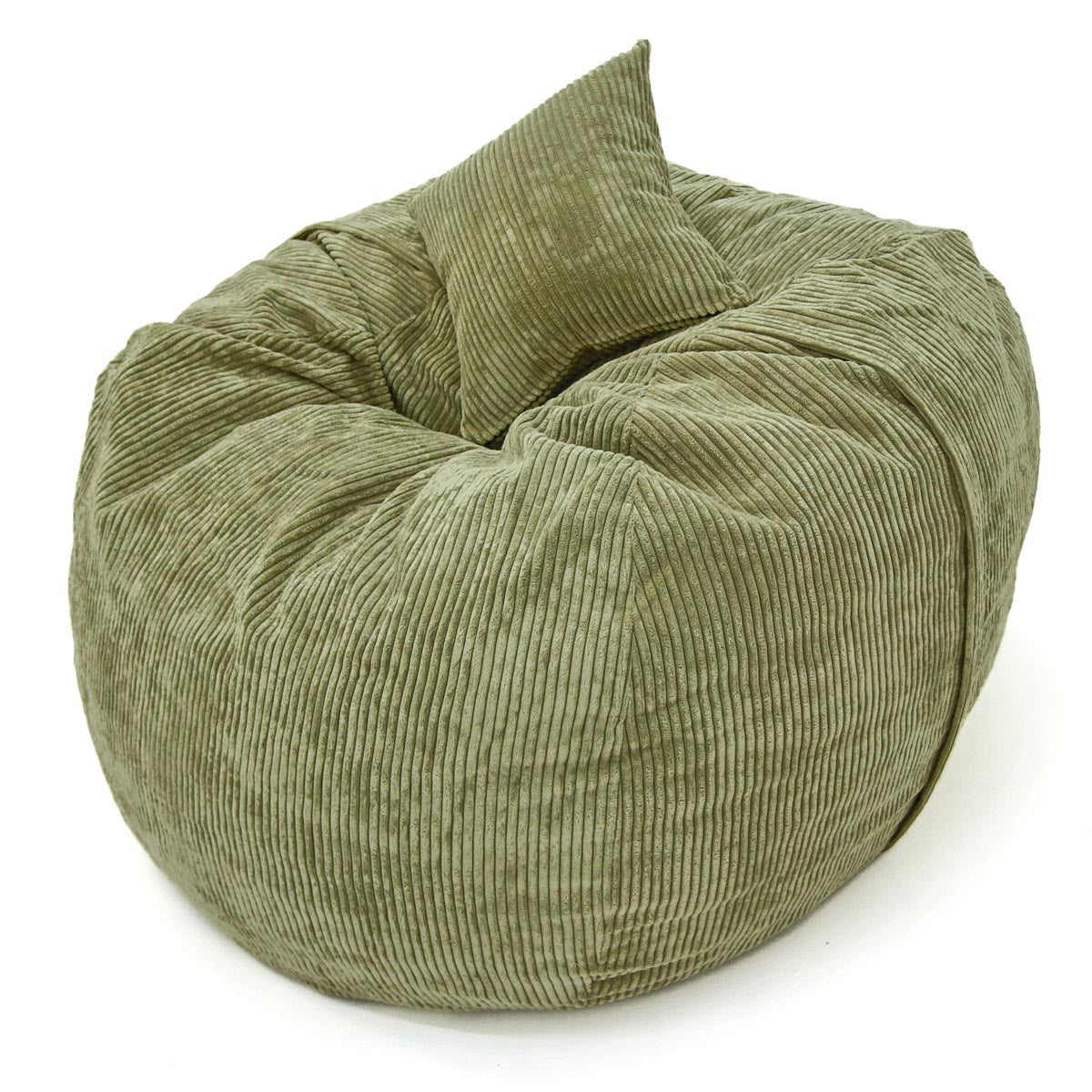 Green bean bag chair with a pillow on a white background
