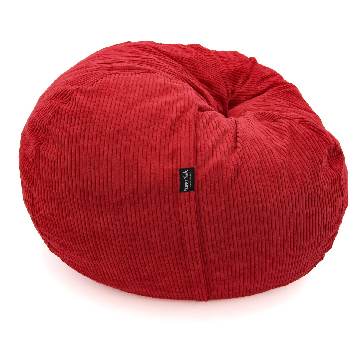 Red bean bag chair with a visible brand label on a white background