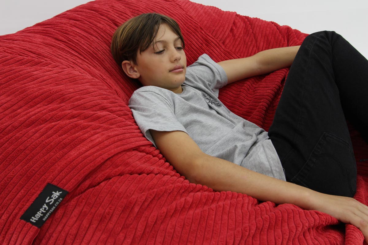 Child lying on a red bean bag chair with 'Happy Sacks' label