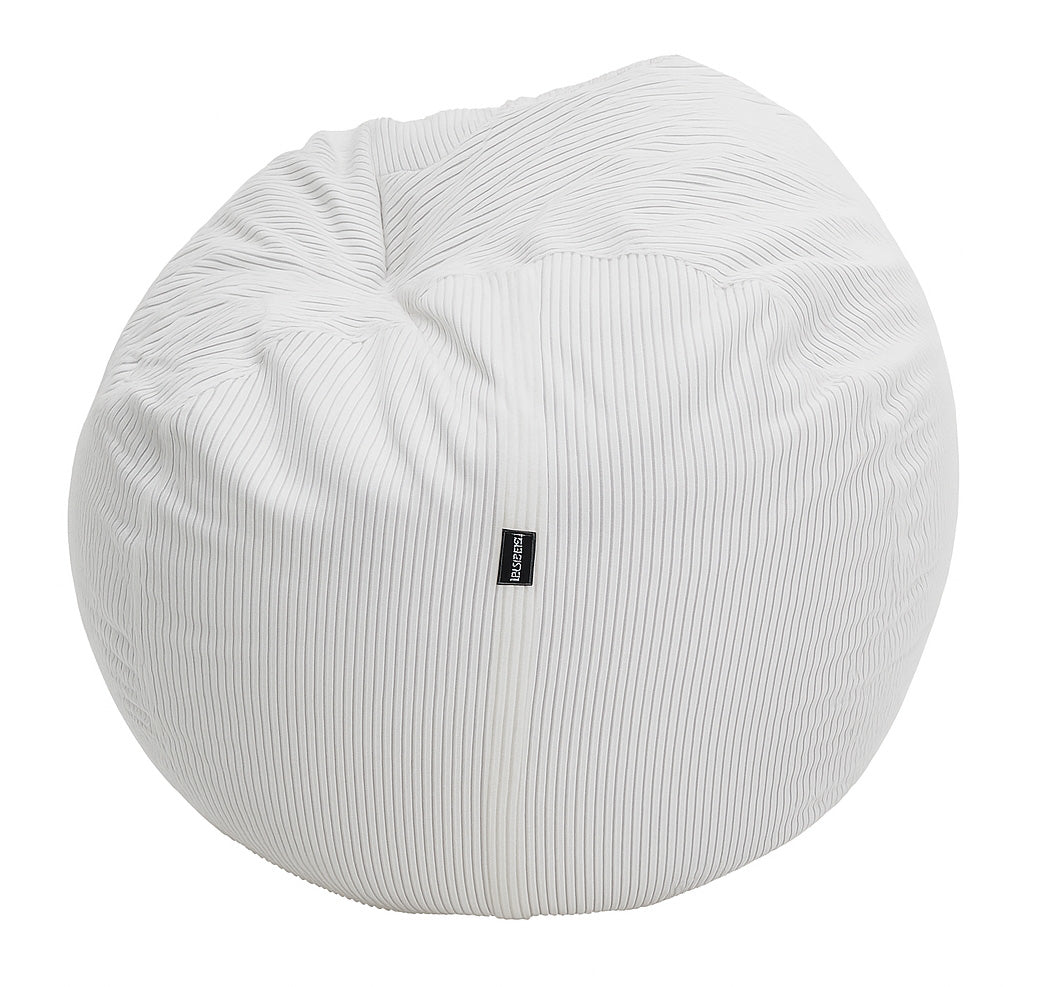 White bean bag chair with a visible brand logo on a white background