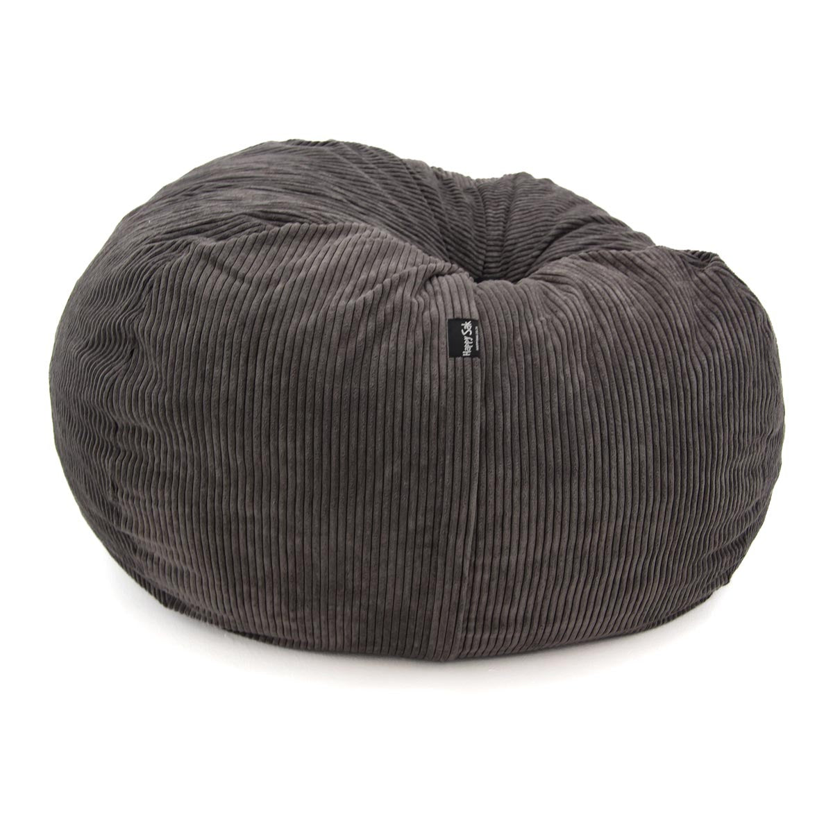 Gray bean bag chair with a visible brand label on a white background
